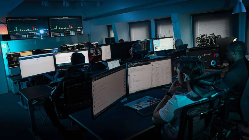 Security operations center with analysts at multiple monitors